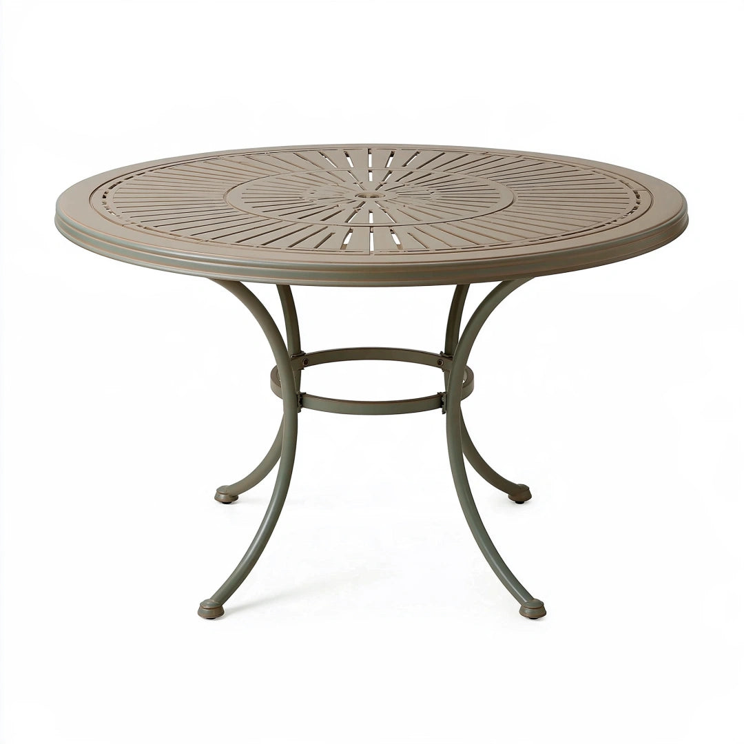 Gartentisch rund 120 cm Metall Taupe mit Sonnendekor