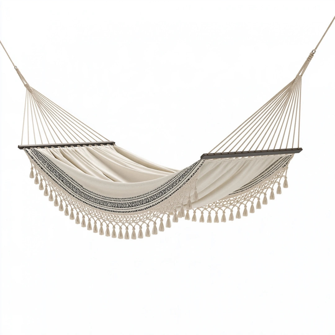Hängematte 320 x 120 cm Baumwolle Creme Boho mit Spreizstäben