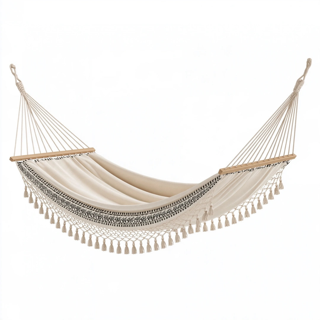 Hängematte 300 x 100 cm Baumwolle Beige mit Holzspreizstäben Boho-Stil