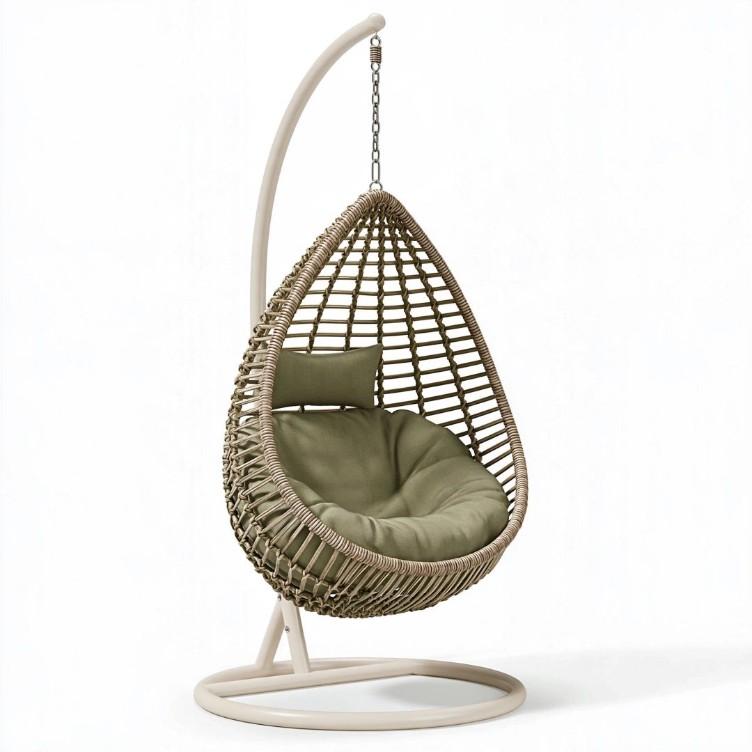 Hängesessel 105 x 195 cm aus Metall und Geflecht in Beige Grün mit Gestell im Boho-Stil