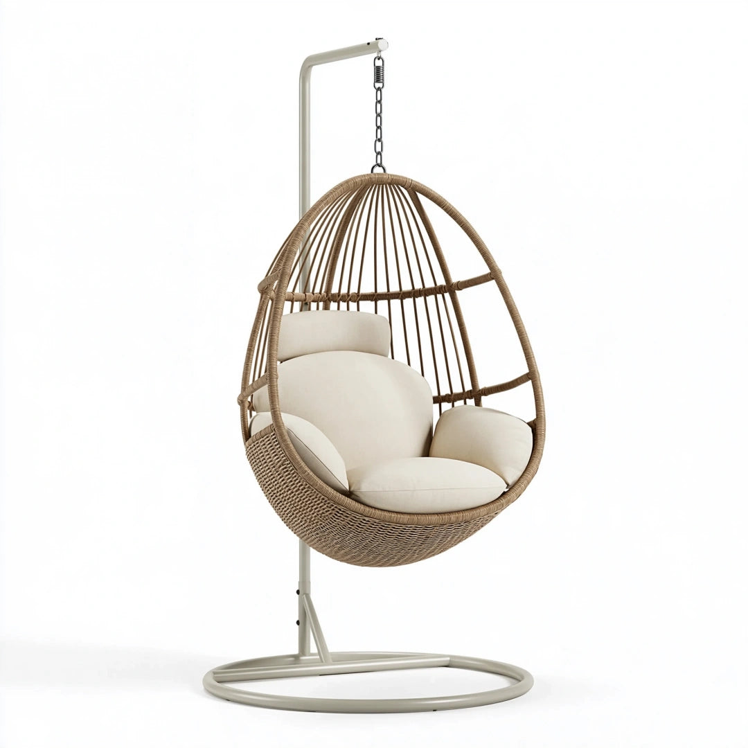 Hängesessel 105 x 105 x 195 cm Rattan und Metall Natur Creme mit Standfuß