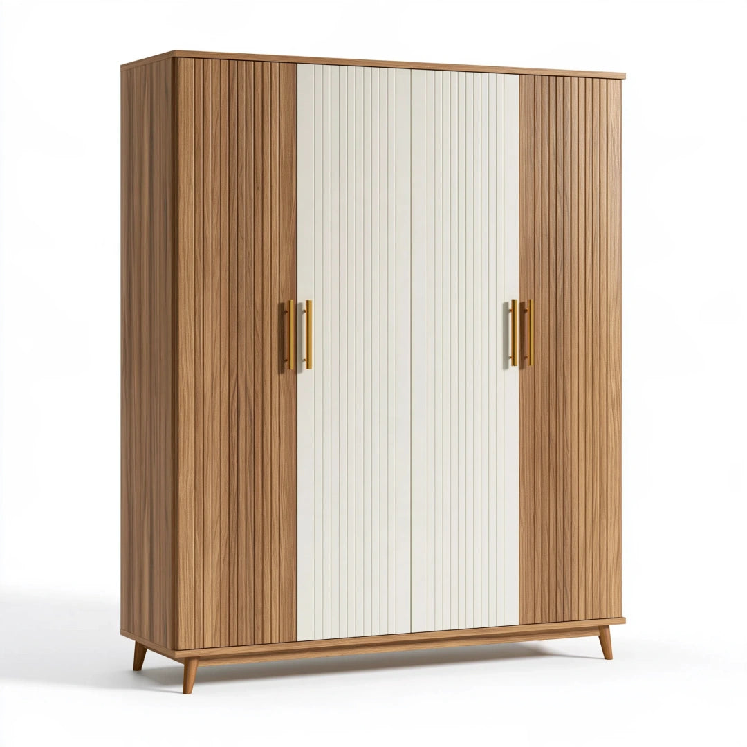 Kleiderschrank 180 x 60 x 200 cm Holzoptik Weiß mit 4 Türen und geriffelter Front