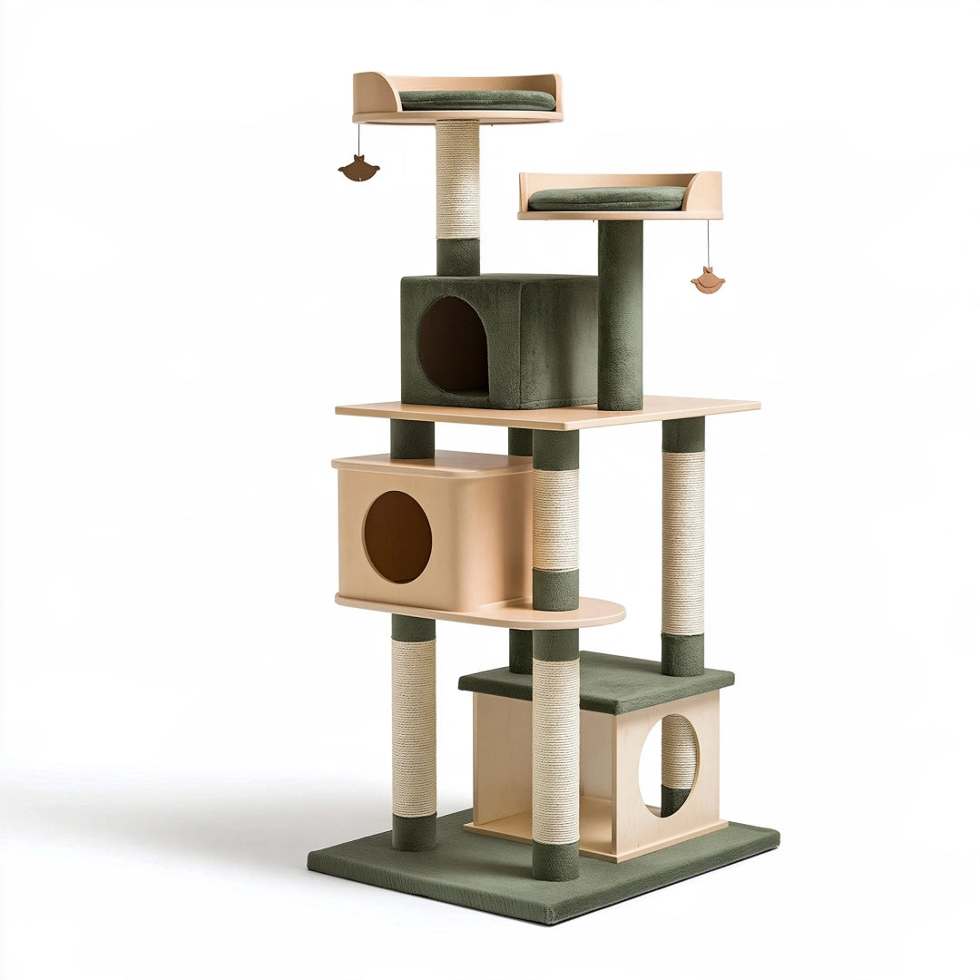 Katzenkratzbaum 60 x 50 x 160 cm aus Holz und Sisal in Grün Natur mit Liegeflächen und Höhlen