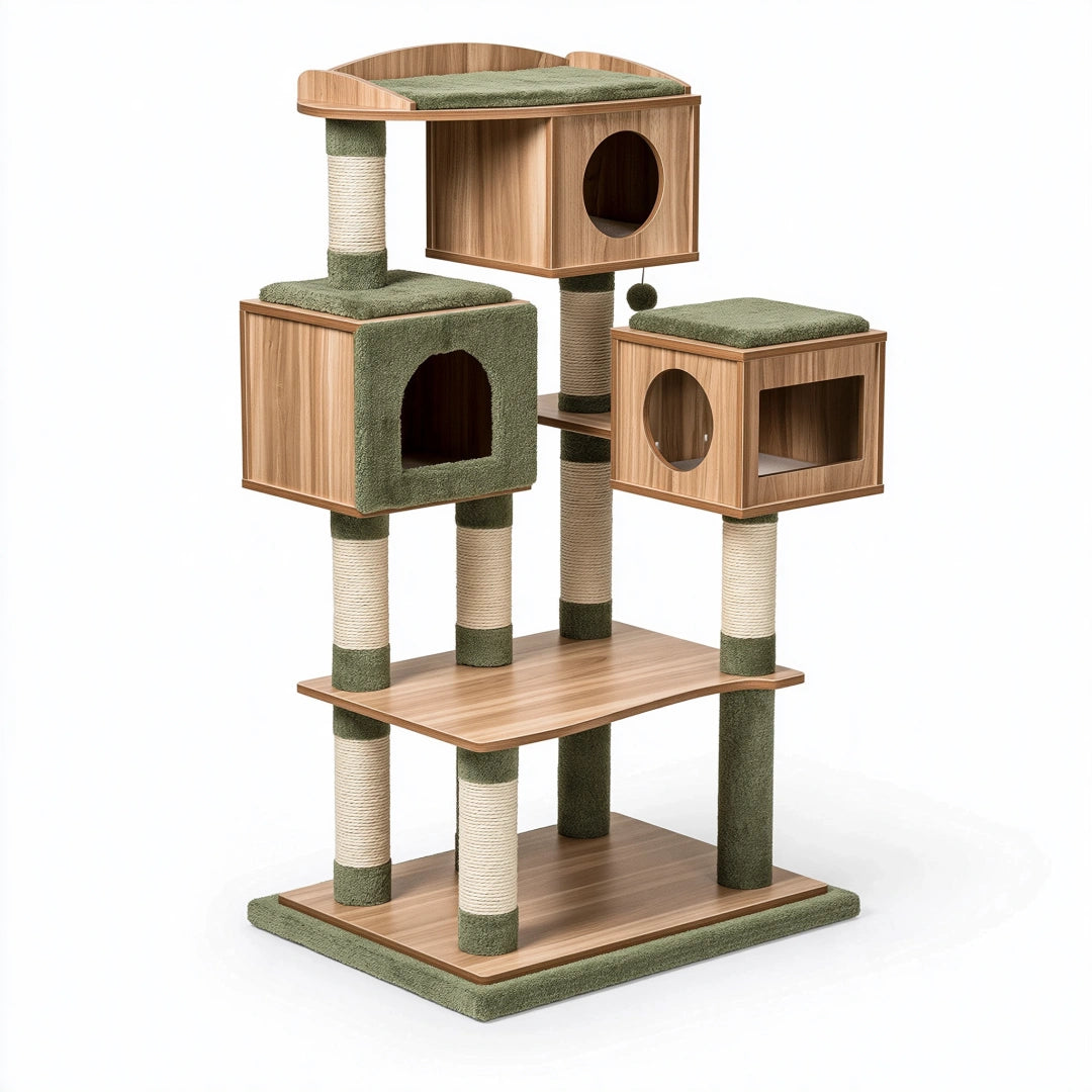 Katzenkratzbaum 70 x 60 x 145 cm Holz Sisal Grün Braun mit Liegeflächen und Katzenhöhlen